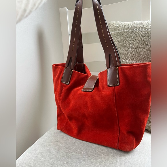 Dooney & Bourke Red Suede Tote with Leather Trim | Statement Lock Bag - Picture 5 of 11
